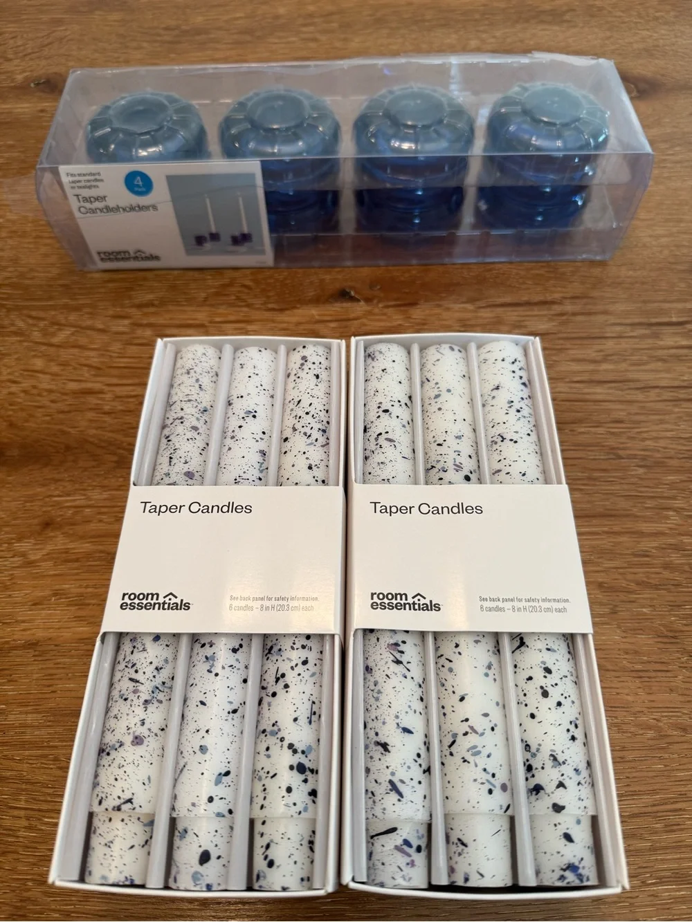 Room Essentials Taper Candles White W/ Blue Speckle - Set of 12 + 4 Blue Holders